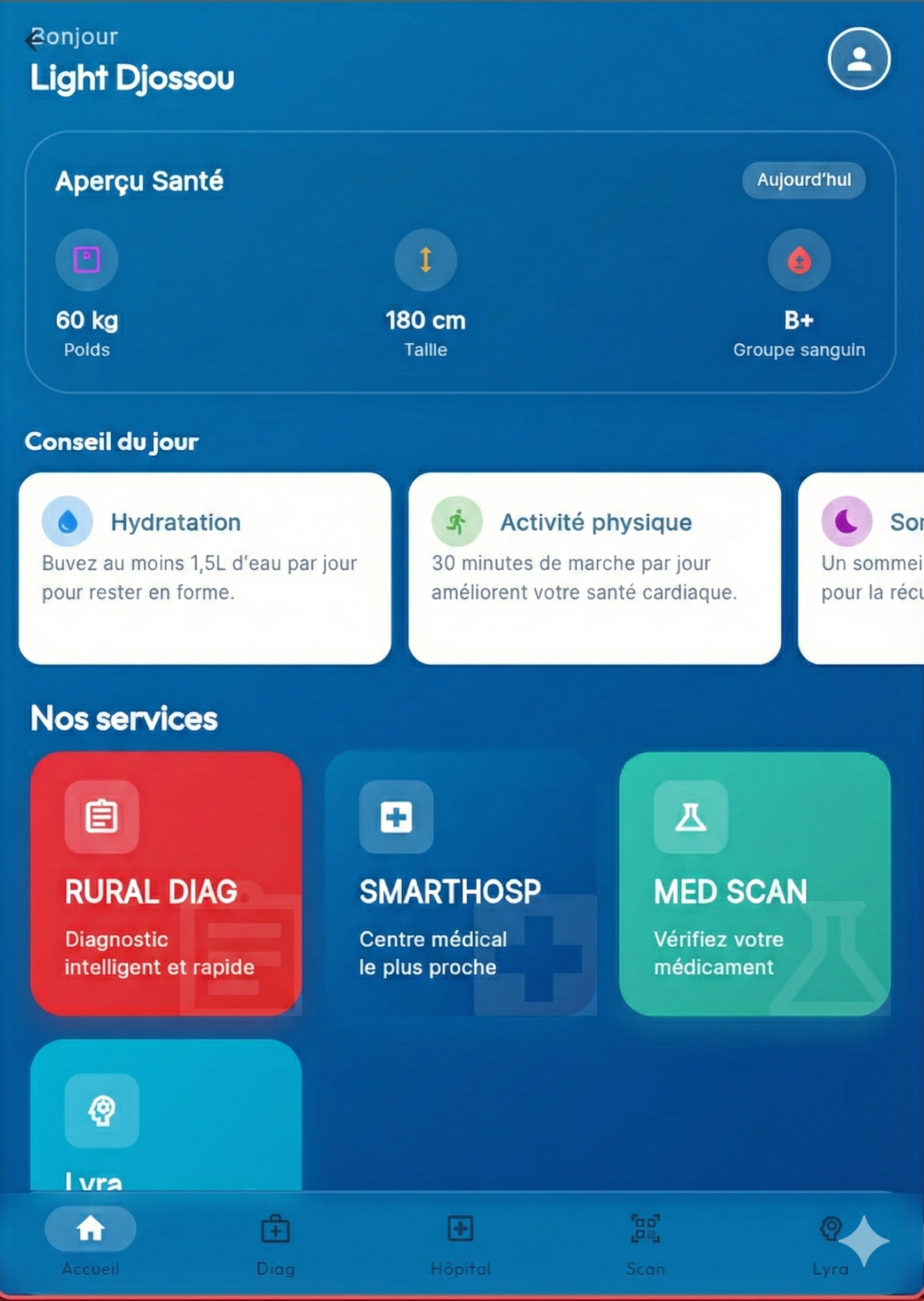 Interface application mobile Pulse AI - Diagnostic santé intelligent et recommandation hôpitaux en Afrique